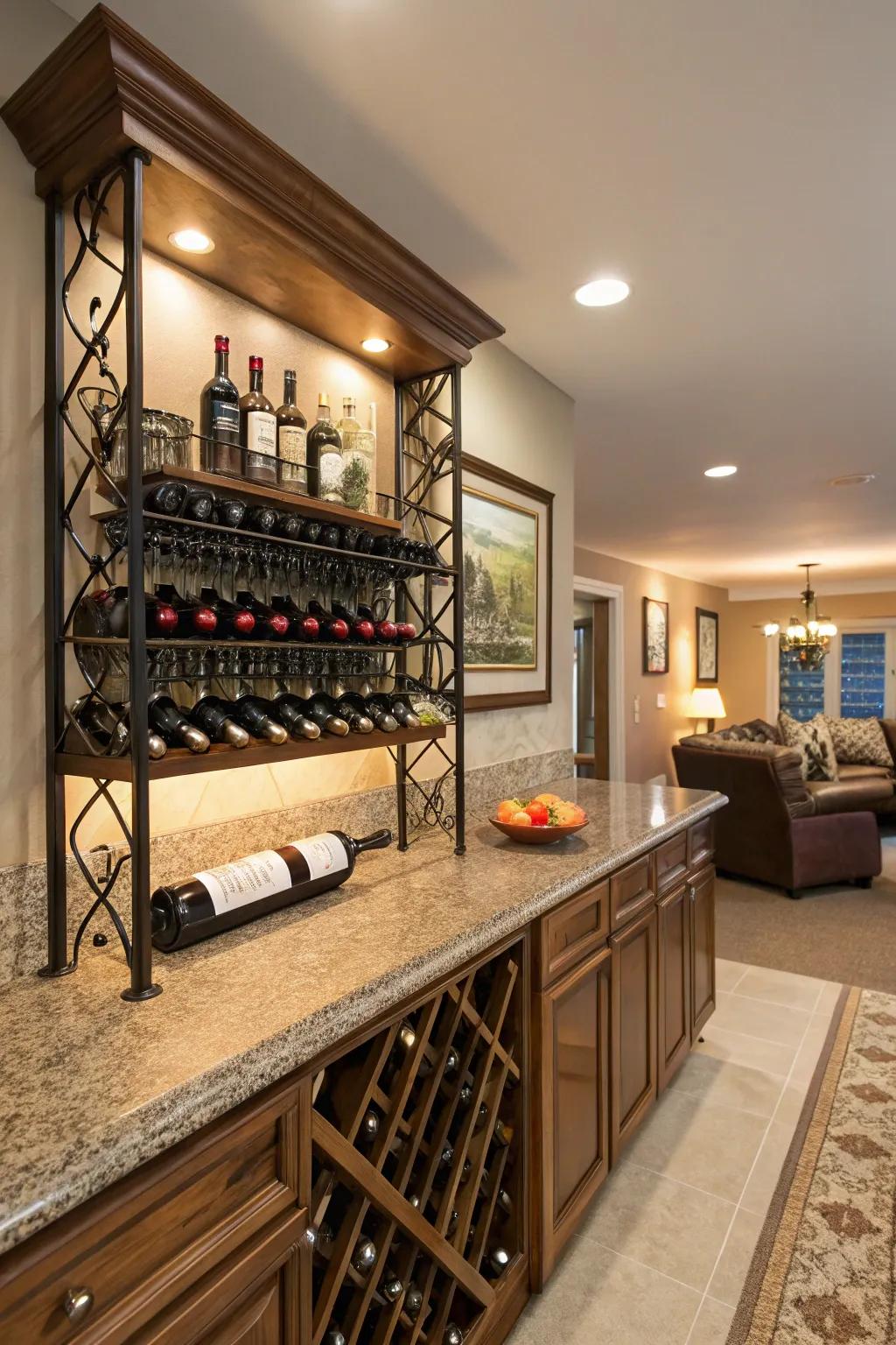 Both storage and aesthetic purposes are served by a wine rack display.