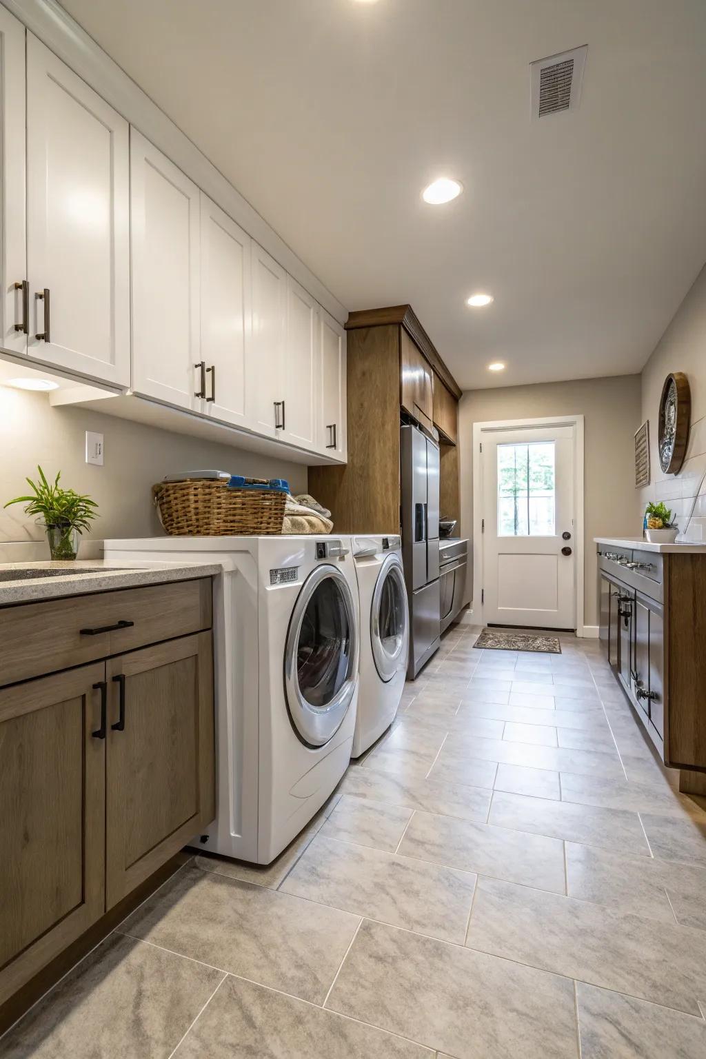 A kitchen and laundry area with a seamless flooring transition for a unified look.