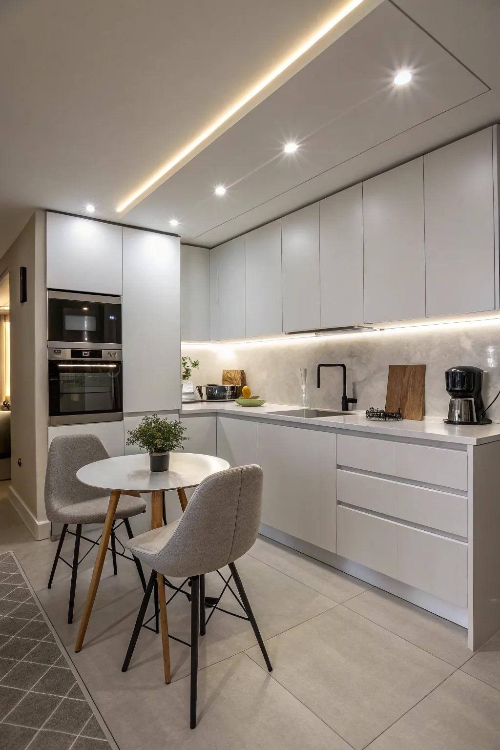 Hidden lighting features ensure a sleek and modern aesthetic in small kitchens.