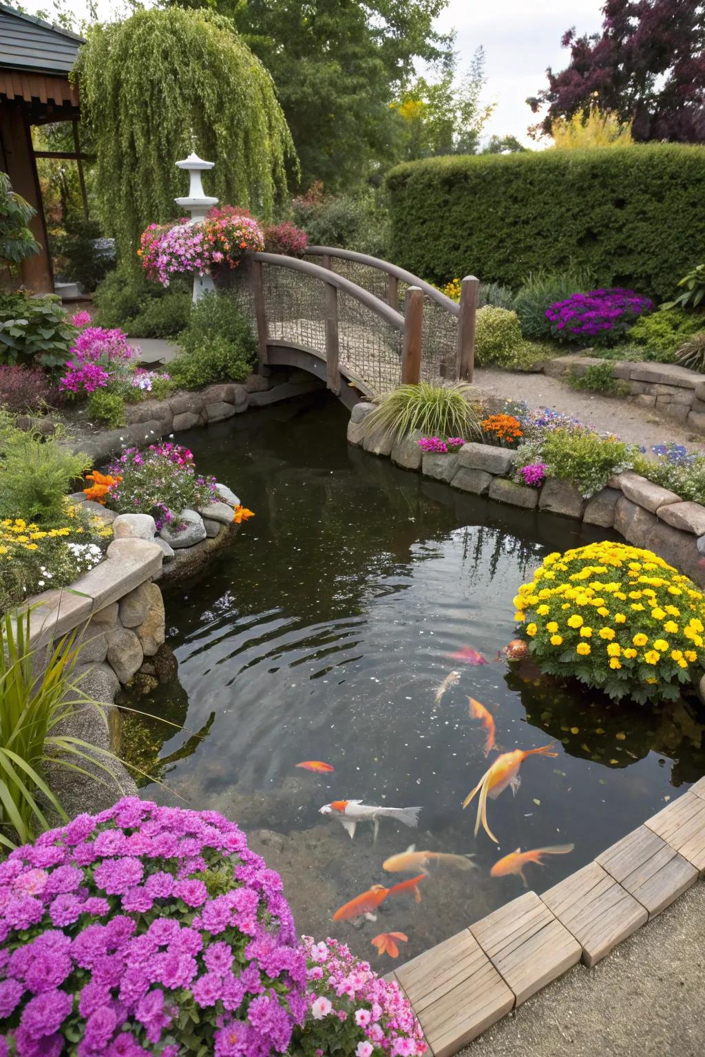 A creatively shaped koi pond makes the most of small spaces.