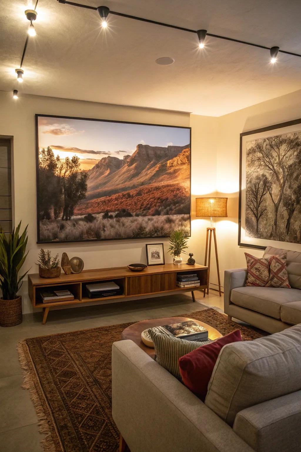 Sizeable art anchors and expands the space.