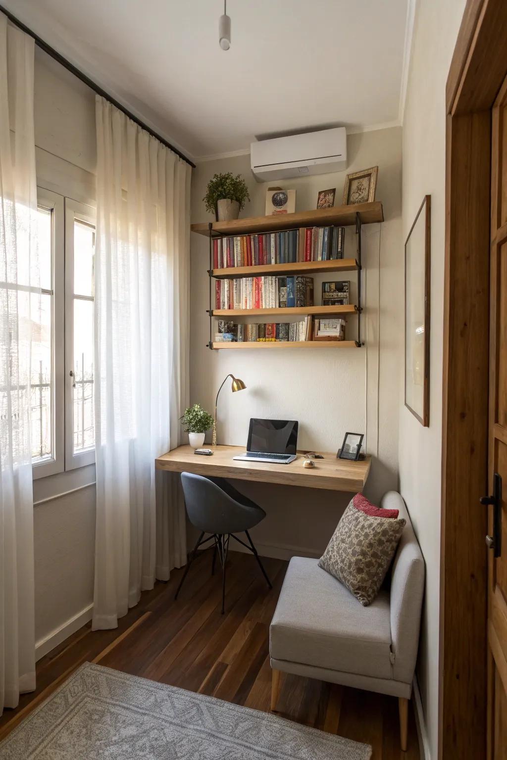 A floating desk provides a workspace without sacrificing space.