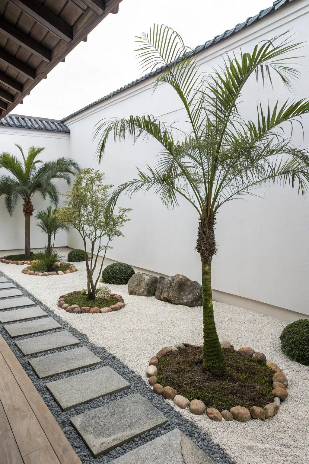 A zen garden with palms offers a tranquil and minimalist retreat.