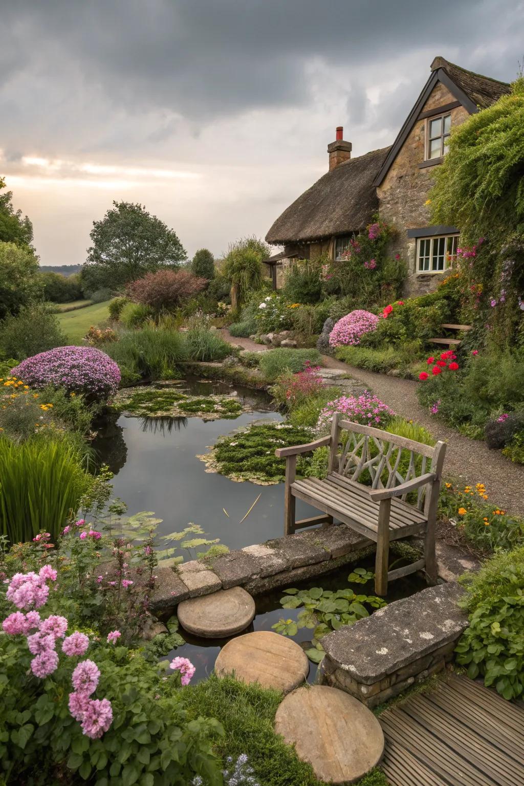 Cottage garden charm adds warmth and nostalgia to your pond area.