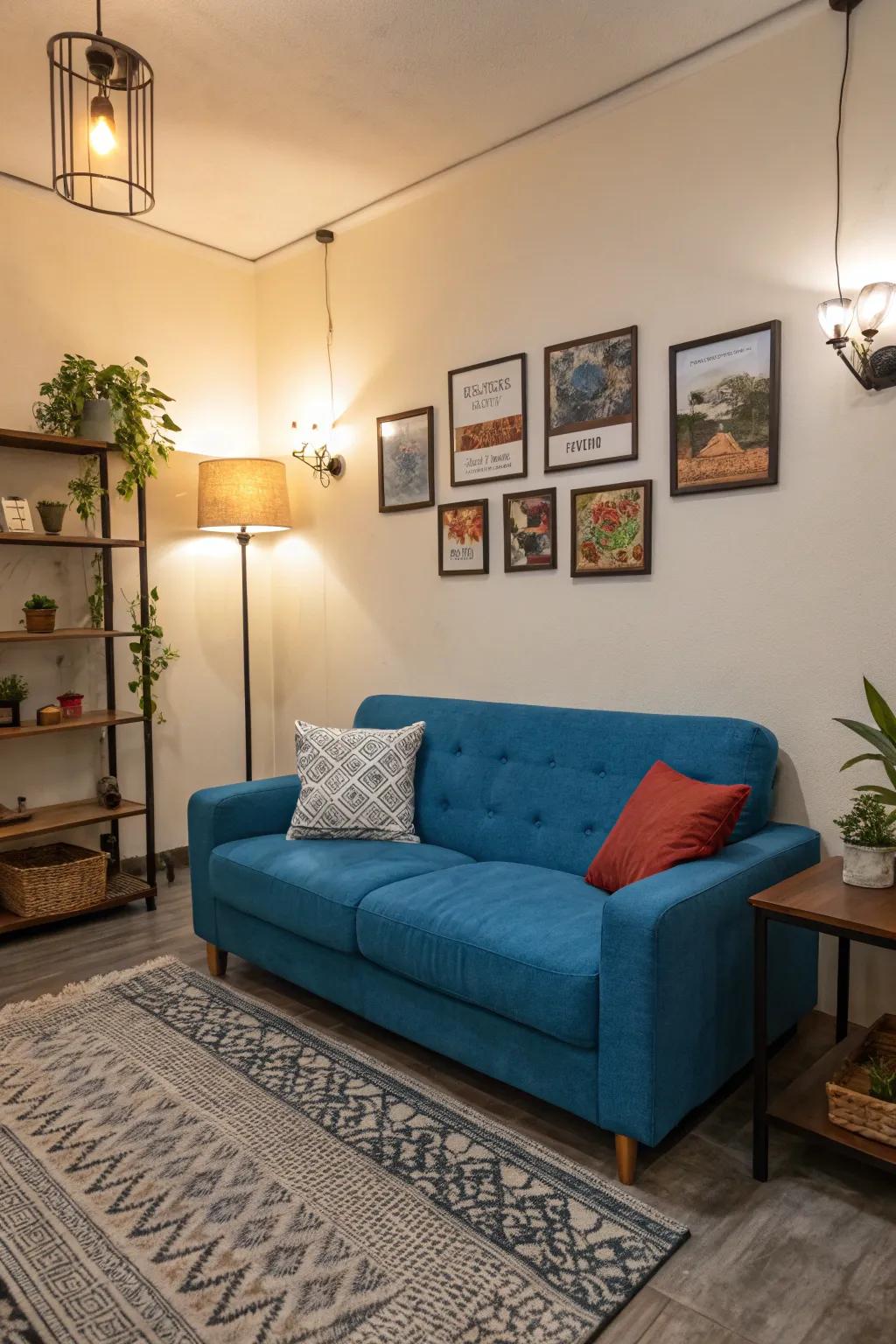 A bold-colored sofa enlivens a small living room with its striking presence.