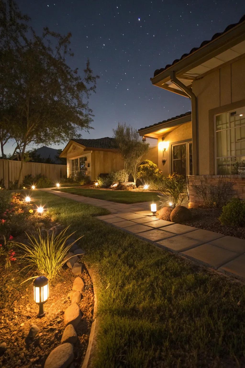 Solar lighting creates a captivating atmosphere in the garden.