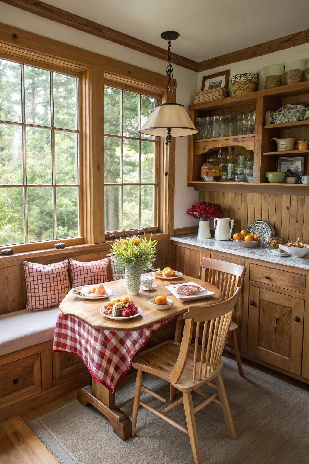 A cozy breakfast nook offers a charming spot for intimate meals.
