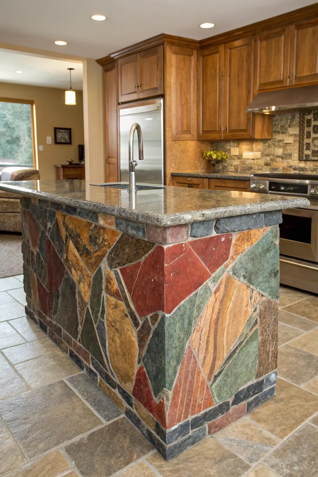 A bold stone kitchen island that serves as a statement piece.
