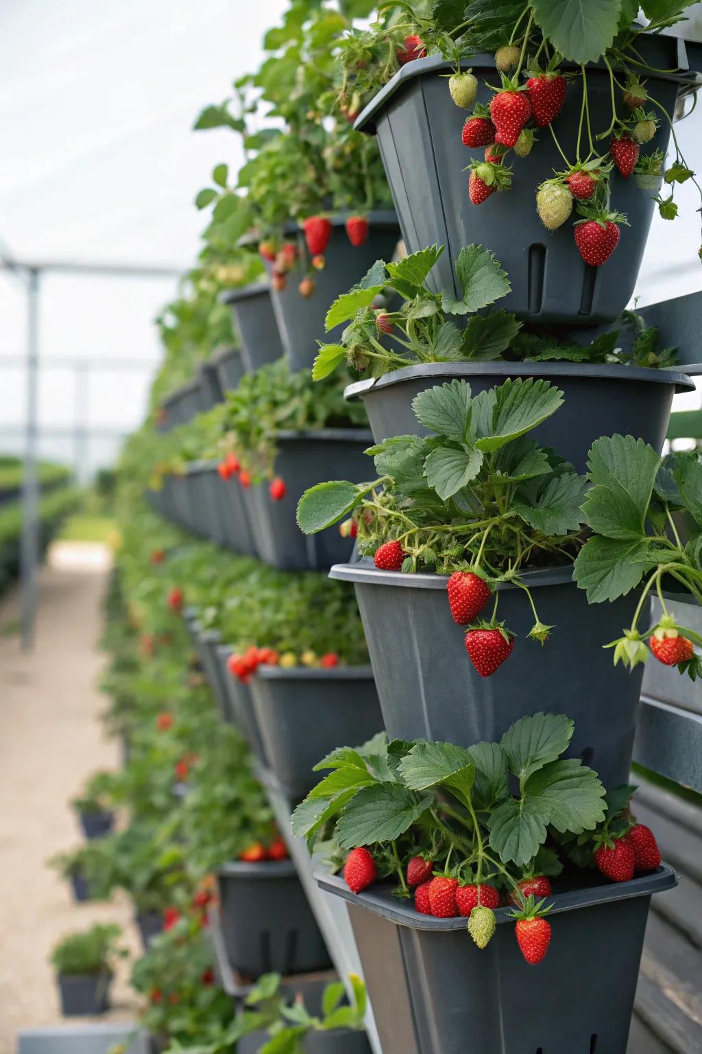 A beautiful tiered garden with cascading strawberries.