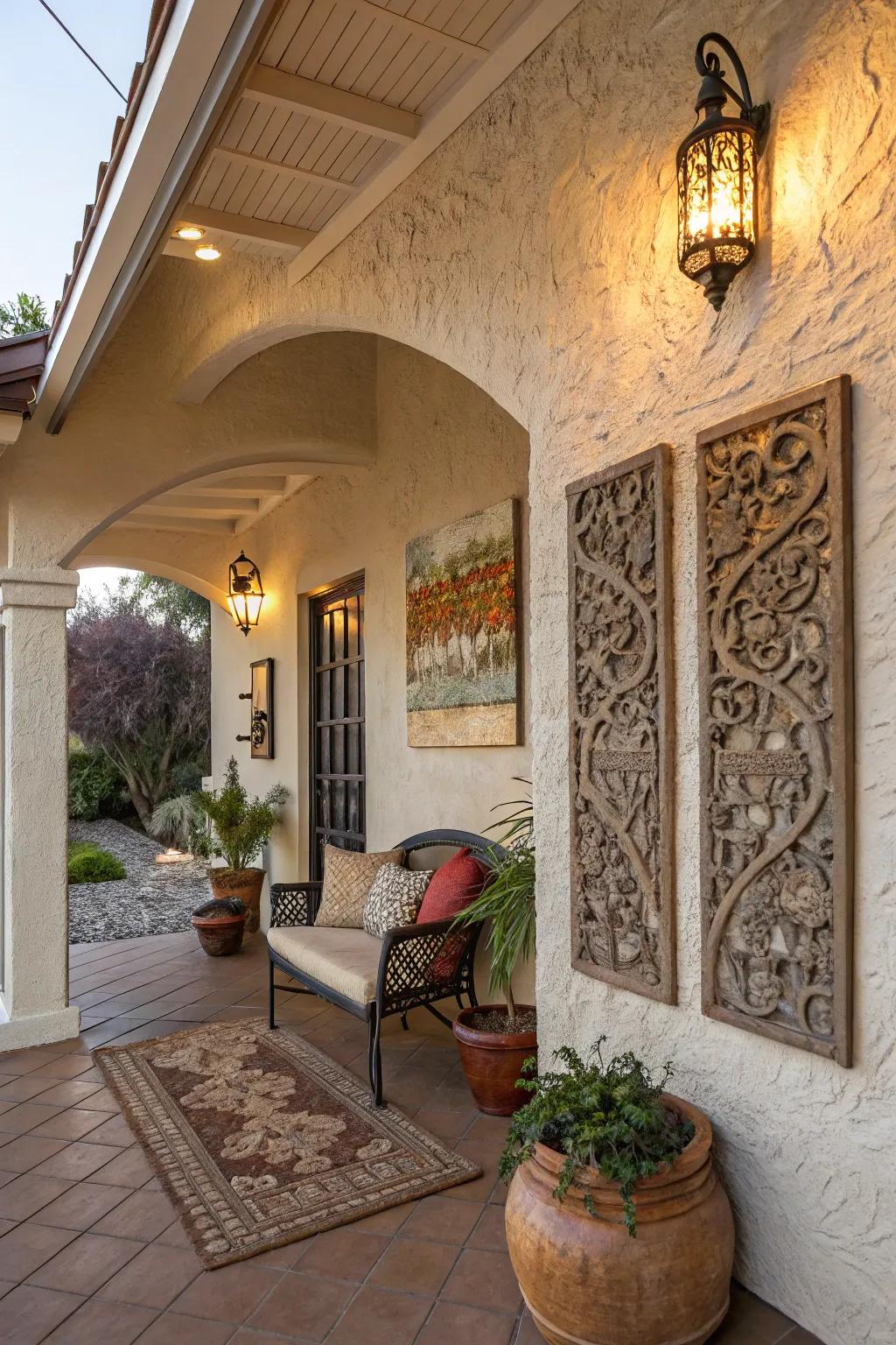 This stucco porch is made cozier by the addition of textured wall art.