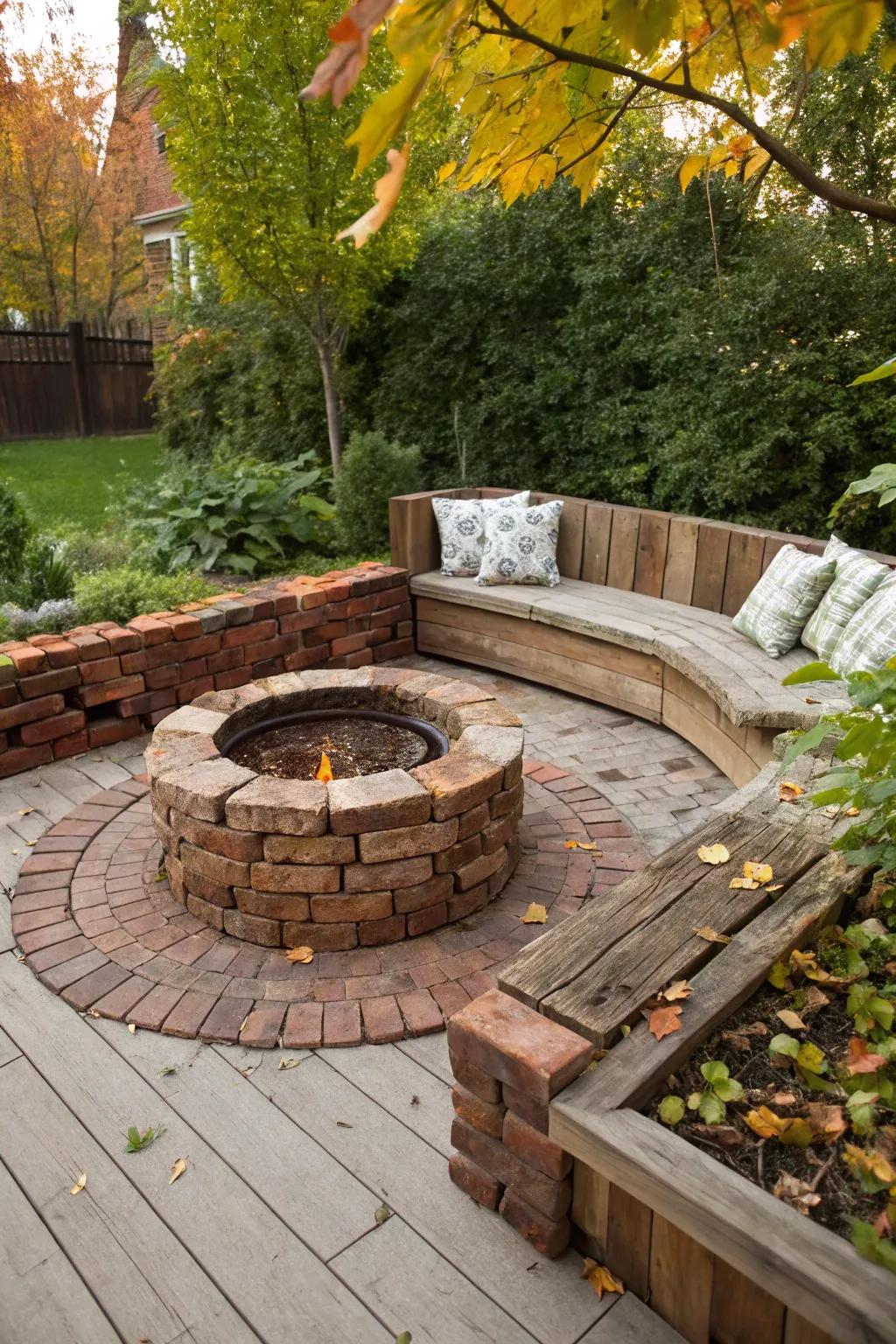 Eco-friendly products include personality to this below-ground fire pit.