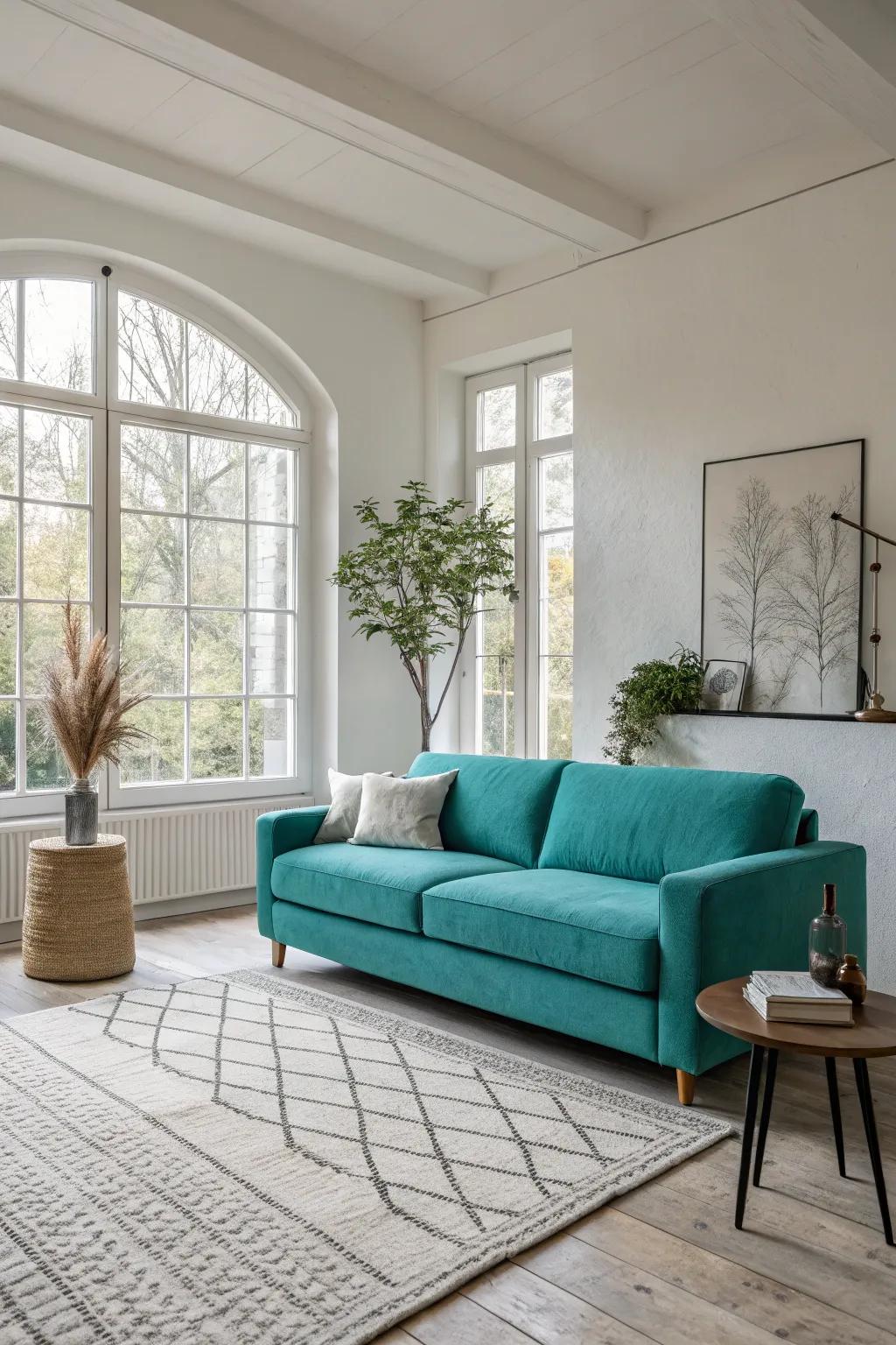 A minimalist approach highlights the beauty of a teal sofa.