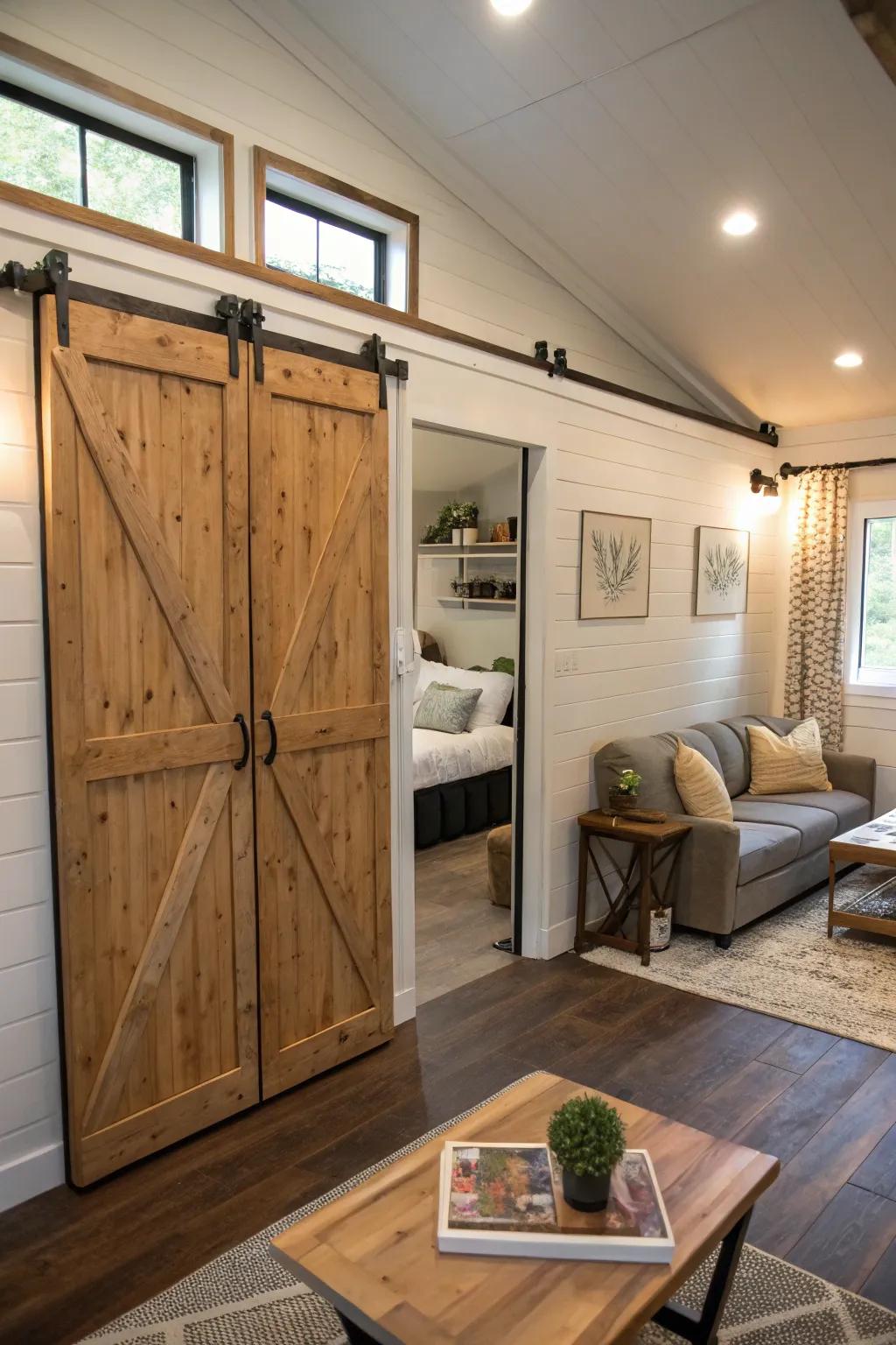 Sliding barn doors combine style and space efficiency.