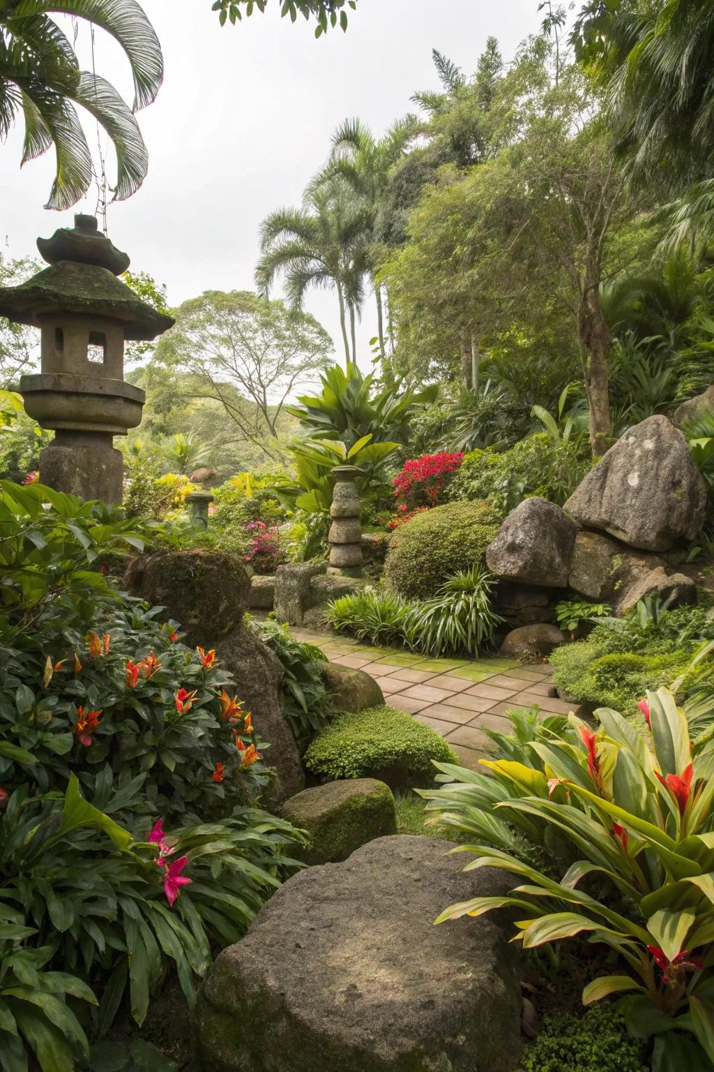 Raw rock details appending an earthy flair to the tropical garden.