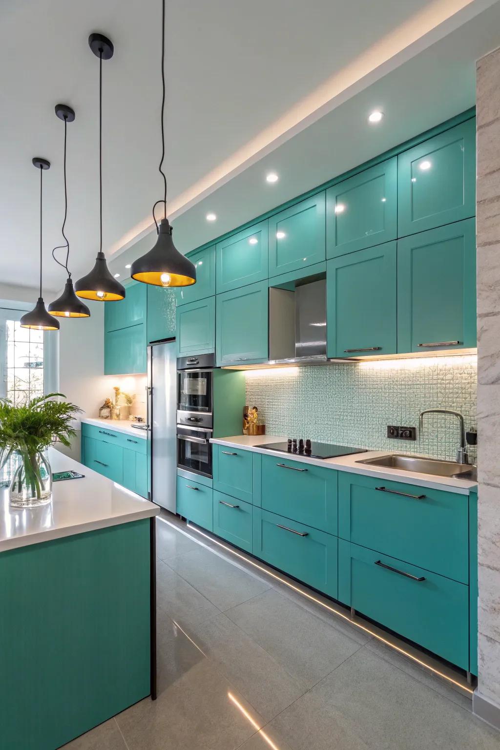 Strategic illumination enhancing the beauty of turquoise kitchen cabinets.