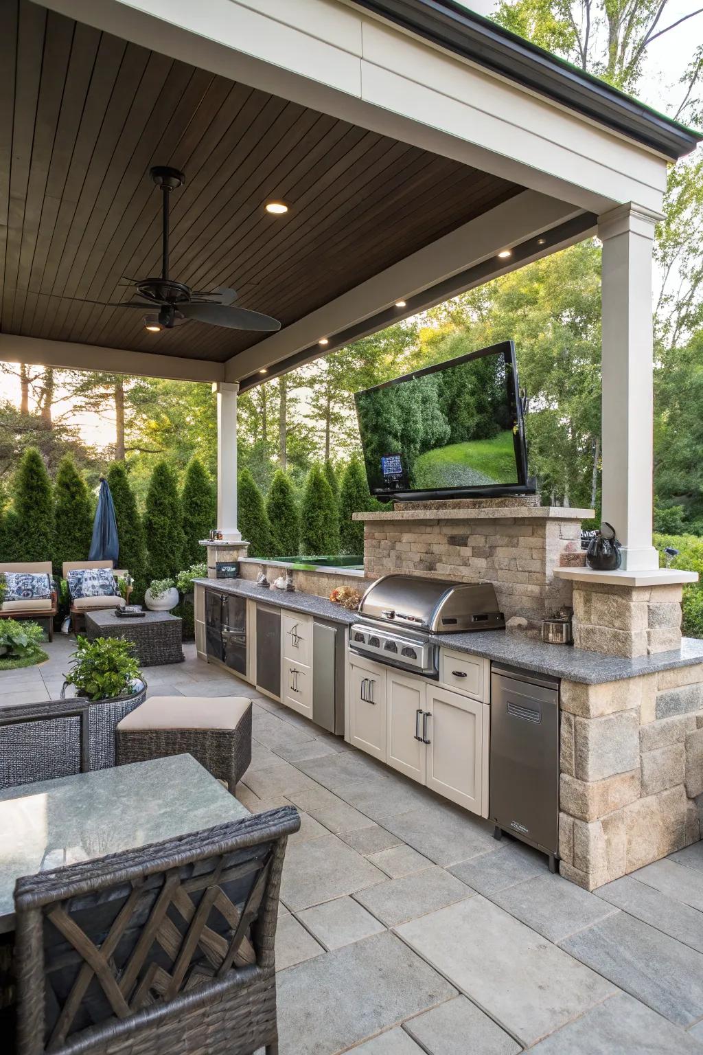 An outdoor cooking space area featuring a TV, which mixes indoor comfort with outdoor entertainment.