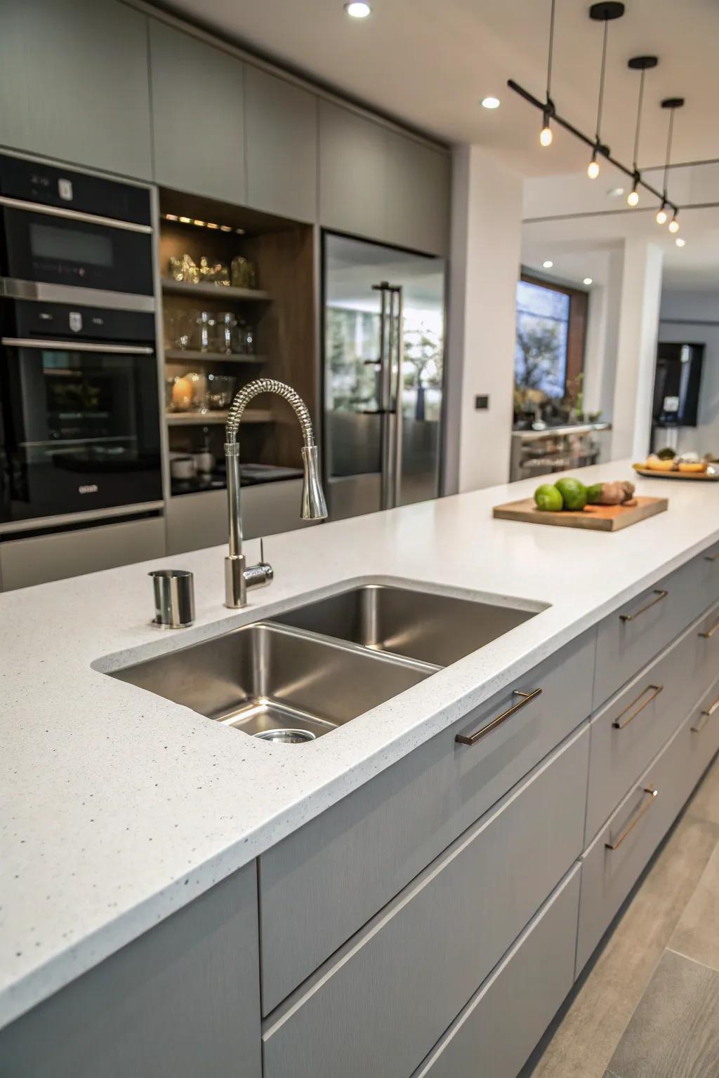 Flawless installation of an undermount sink, enhancing the kitchen's clean lines.