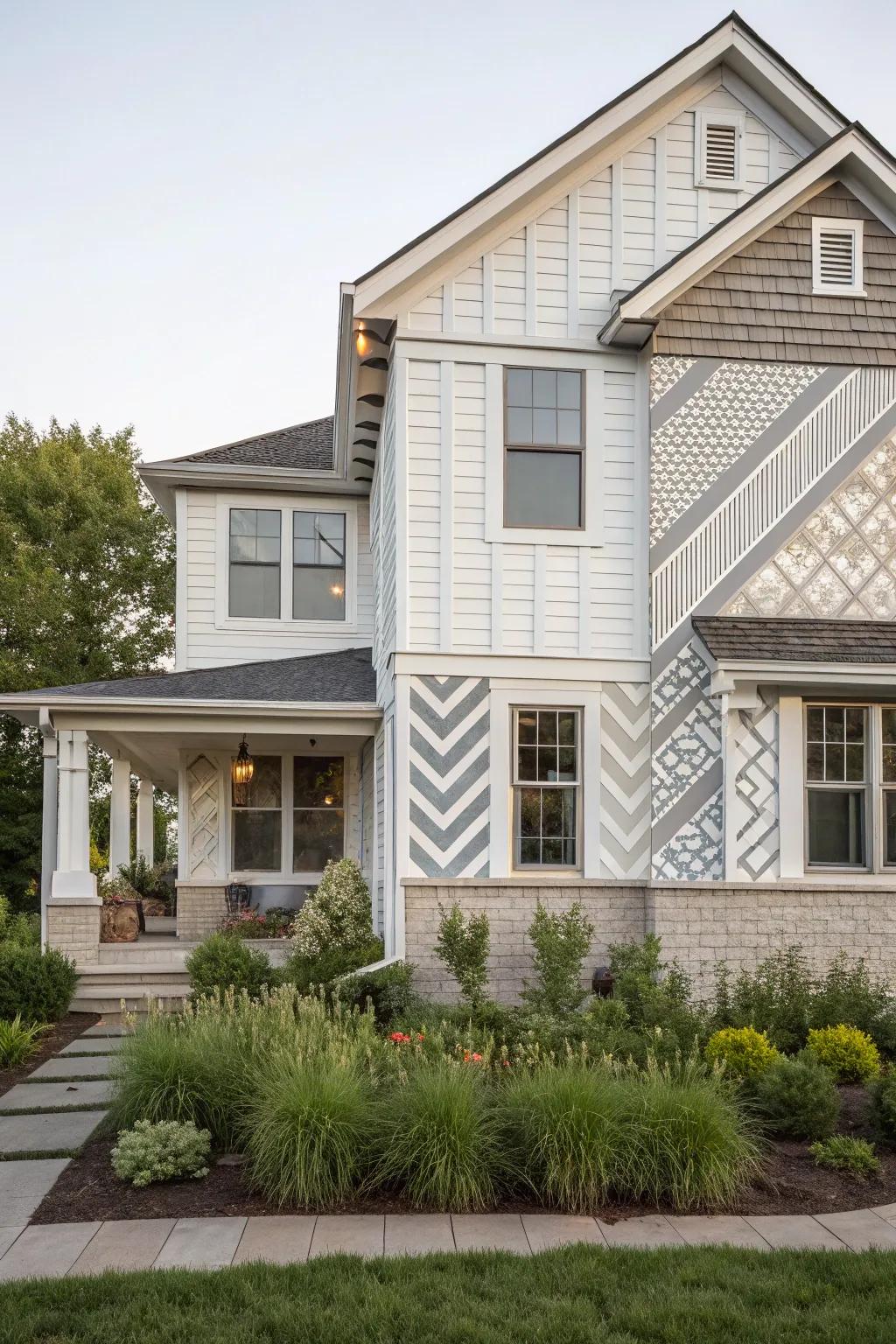 A home with mixed siding patterns creating a playful aesthetic.