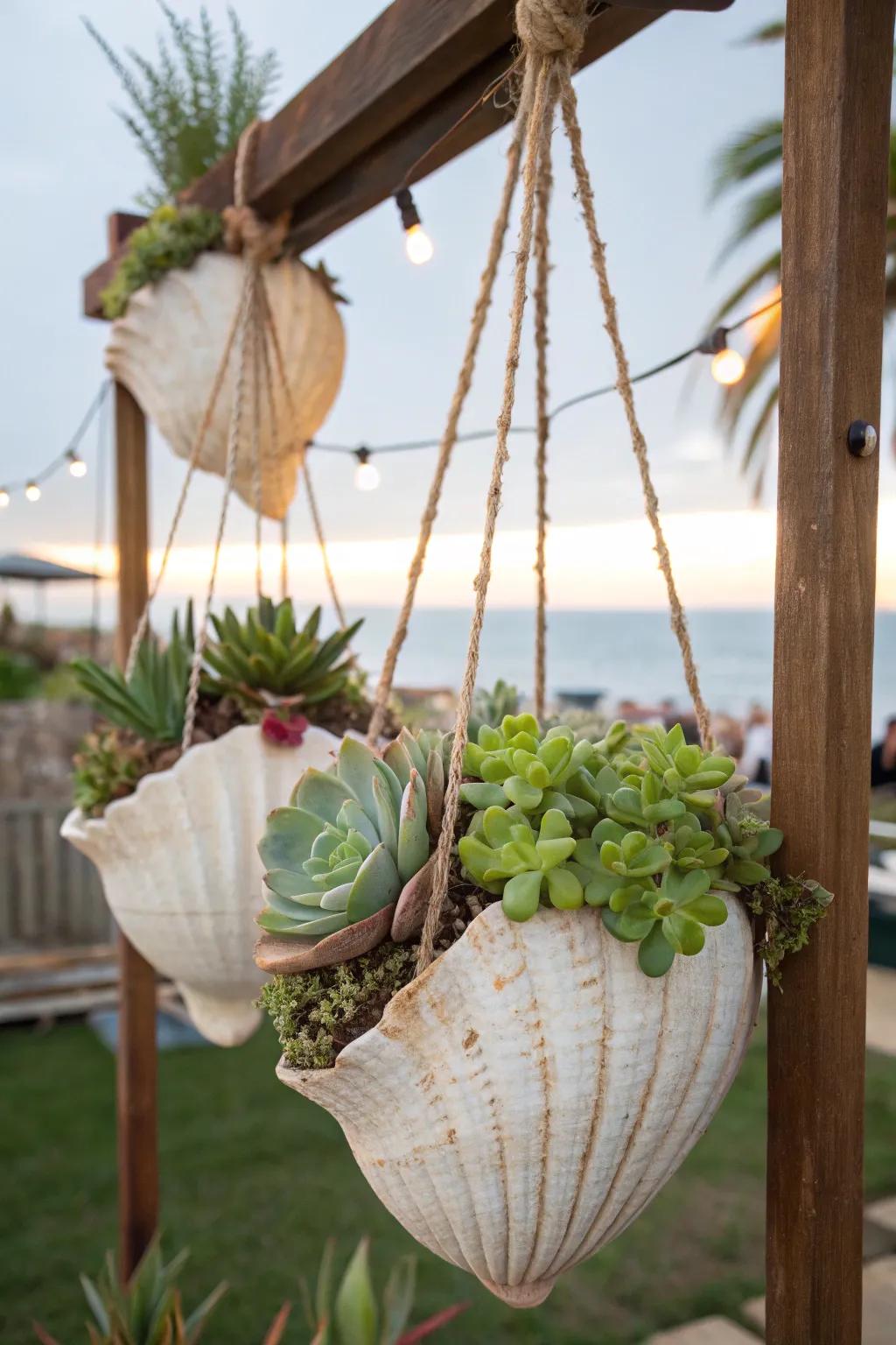 Seashells create a beachy vibe as hanging succulent planters.