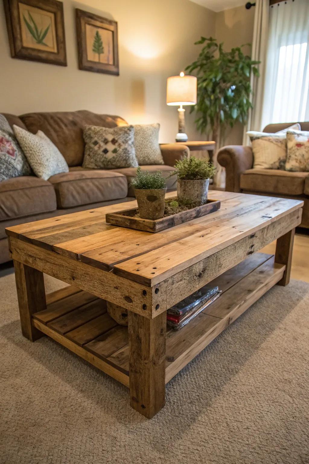A DIY coffee table made from salvaged wood adds a bespoke touch.