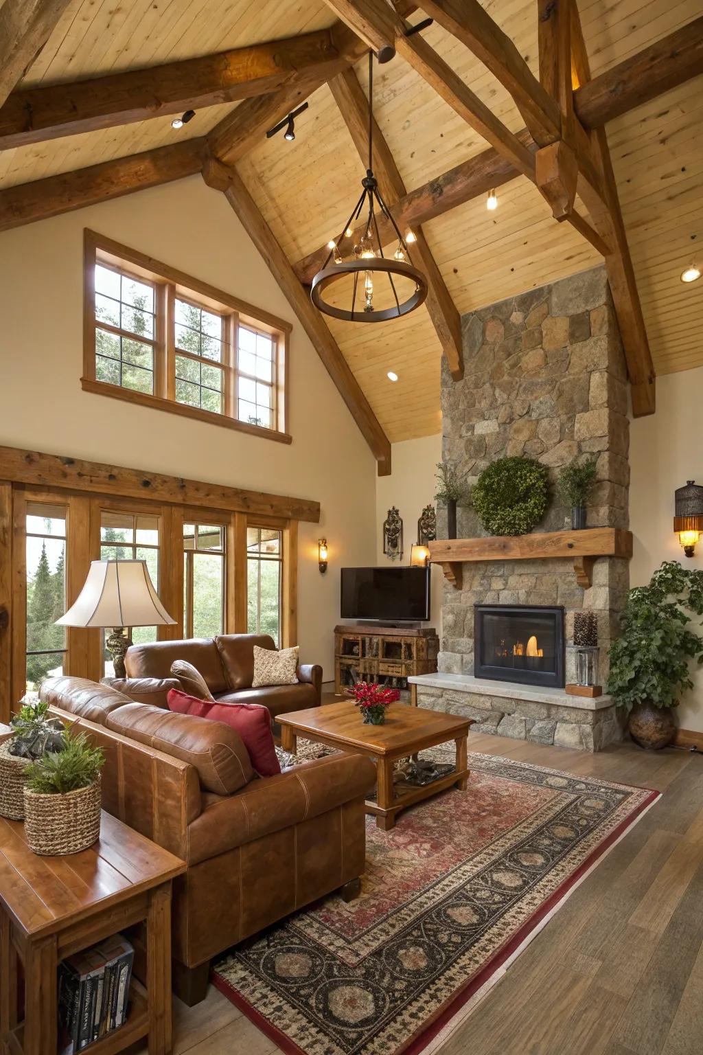 Nature-esque design with untreated edge beams on a vaulted ceiling.