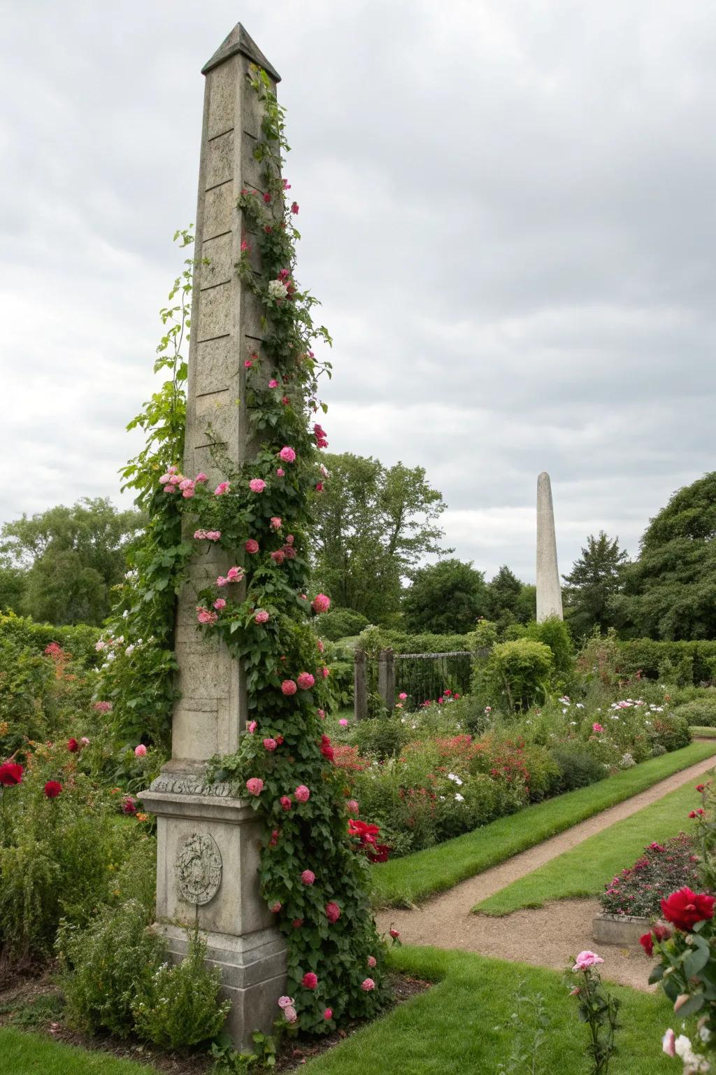 Obelisk trellises add vertical elegance to your garden.