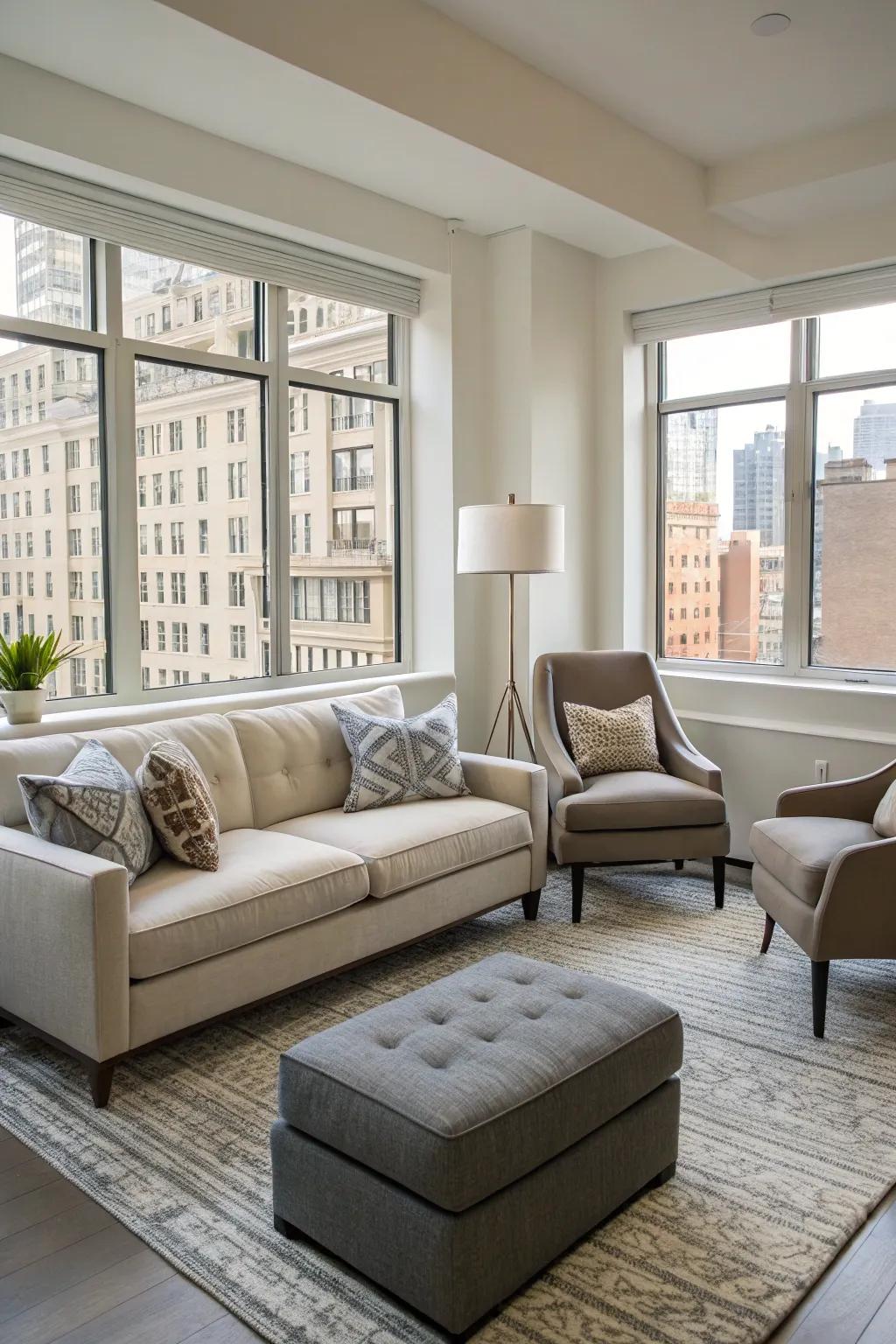 Diverse seating options create a versatile and welcoming studio.