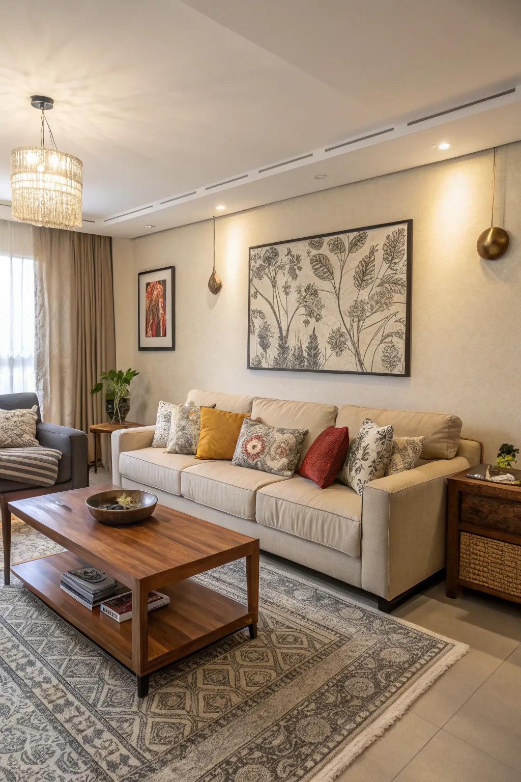 A point of emphasis is provided by a centerpiece, which anchors a neutral living room.