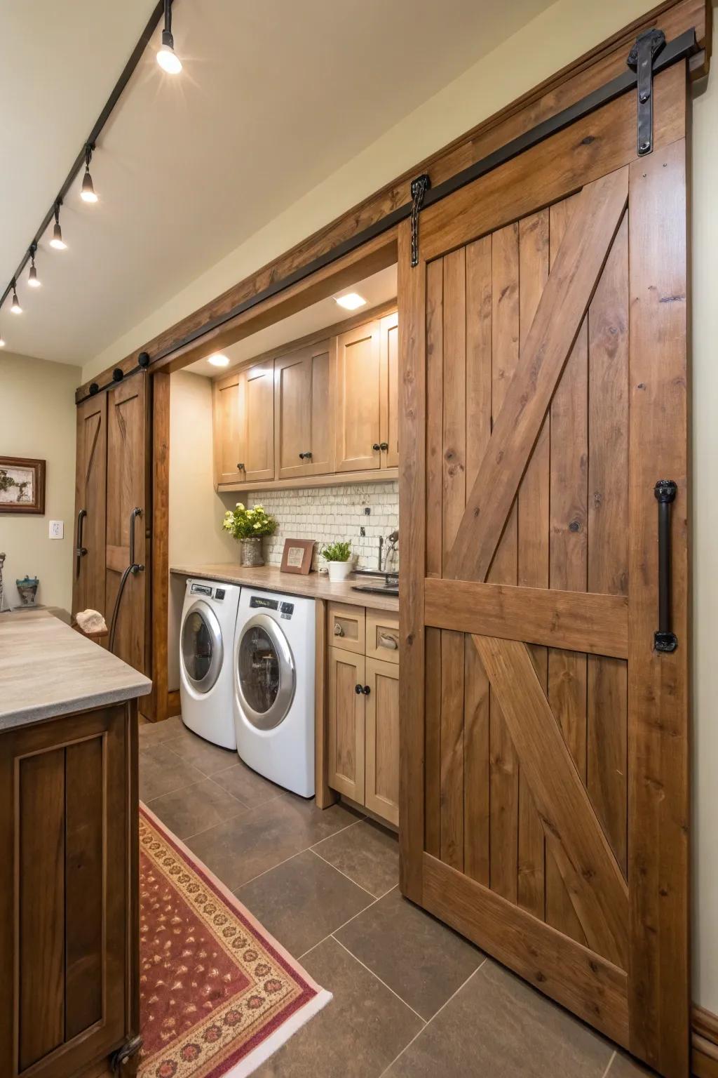 Sliding barn doors add rustic charm while hiding the washer and dryer.