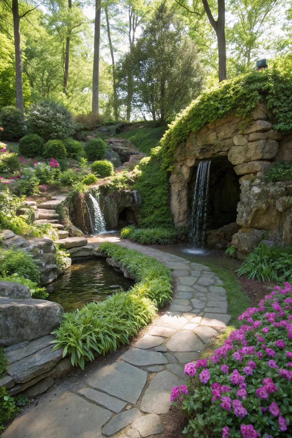 A bewitching garden grotto showcasing a concealed stone cascade.