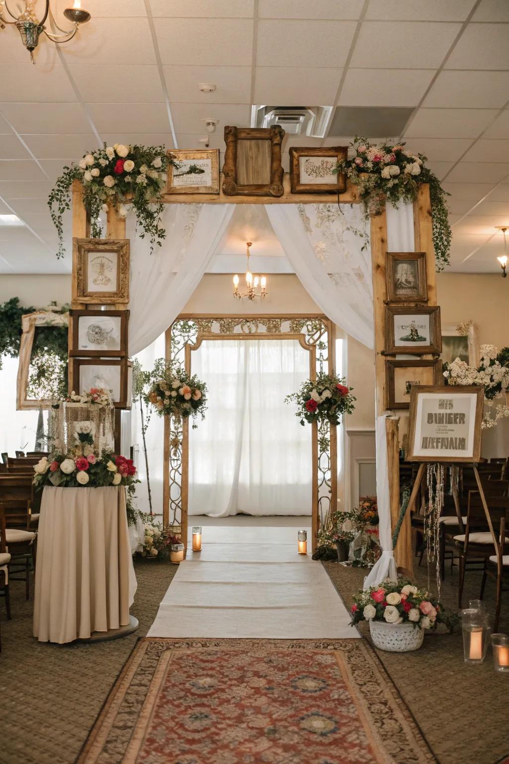 Vintage frames add a whimsical touch to an indoor wedding arch.