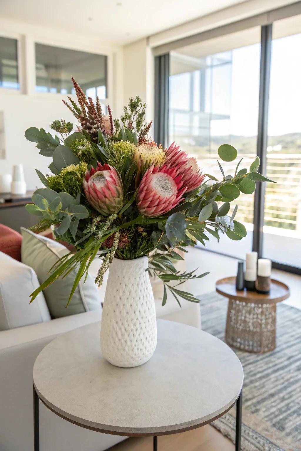 Proteas offer a bold and exotic statement in summer bouquets.