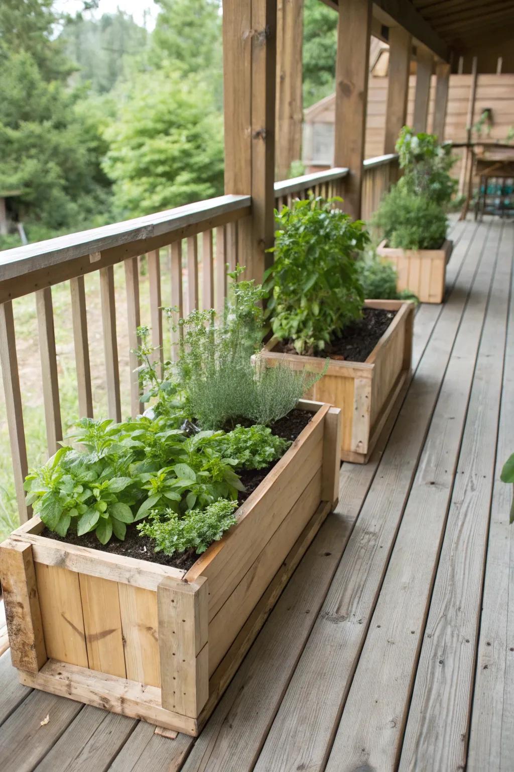 Aromatic timber planting boxes for a natural touch.
