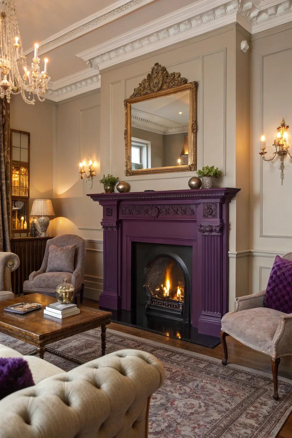 A deep purple fireplace adds a luxurious and sophisticated vibe to this space.