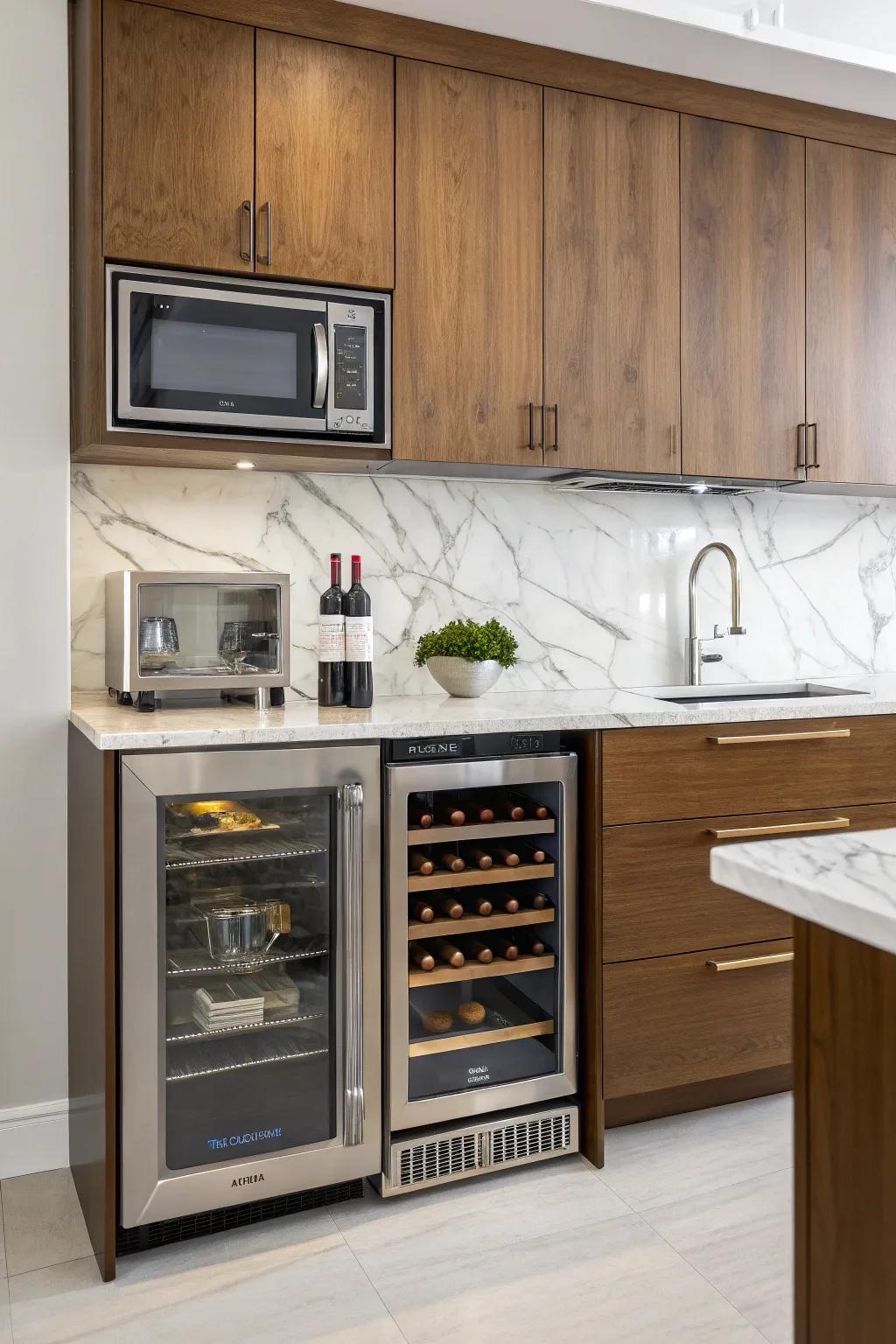 A speed oven placed above a wine fridge enhances your kitchen with chic appeal.