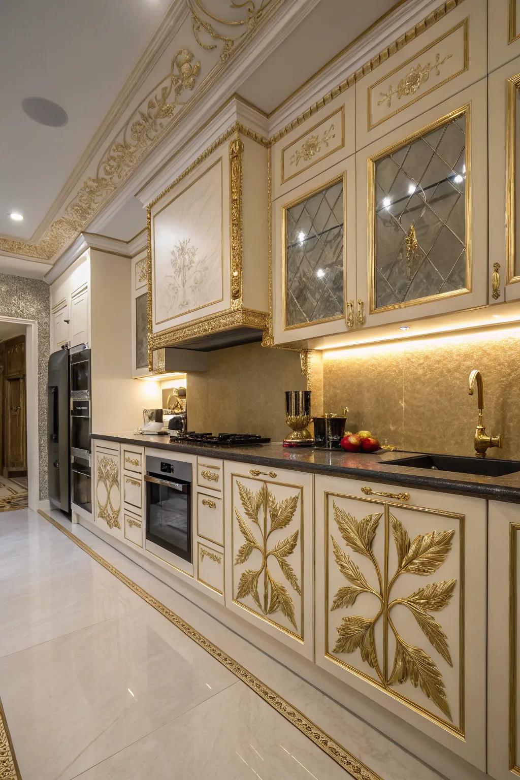Gold leaf accents introduce an artistic and luxurious element to your kitchen.