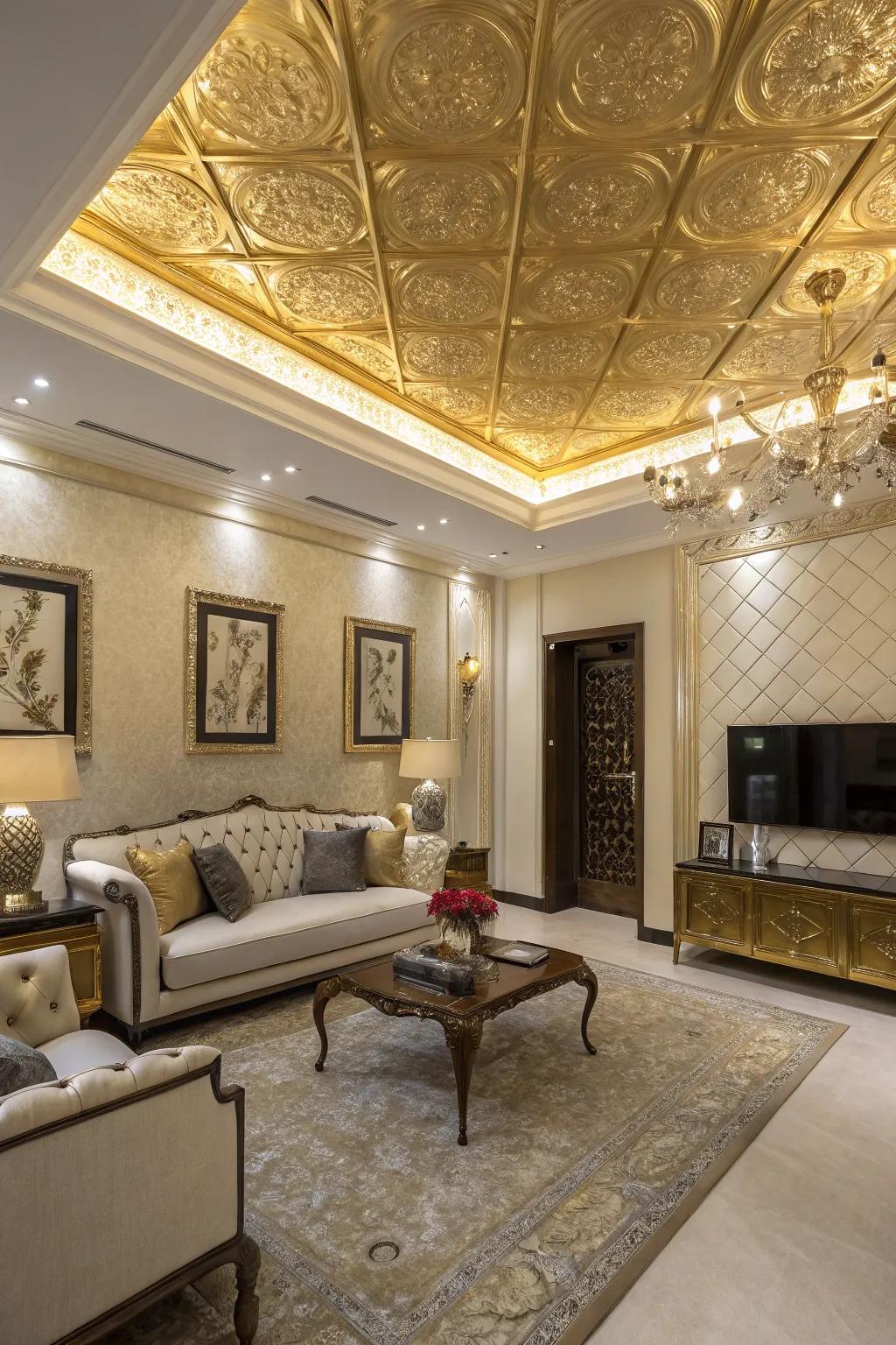 Gold ceiling accents create an unexpected and luxurious twist.