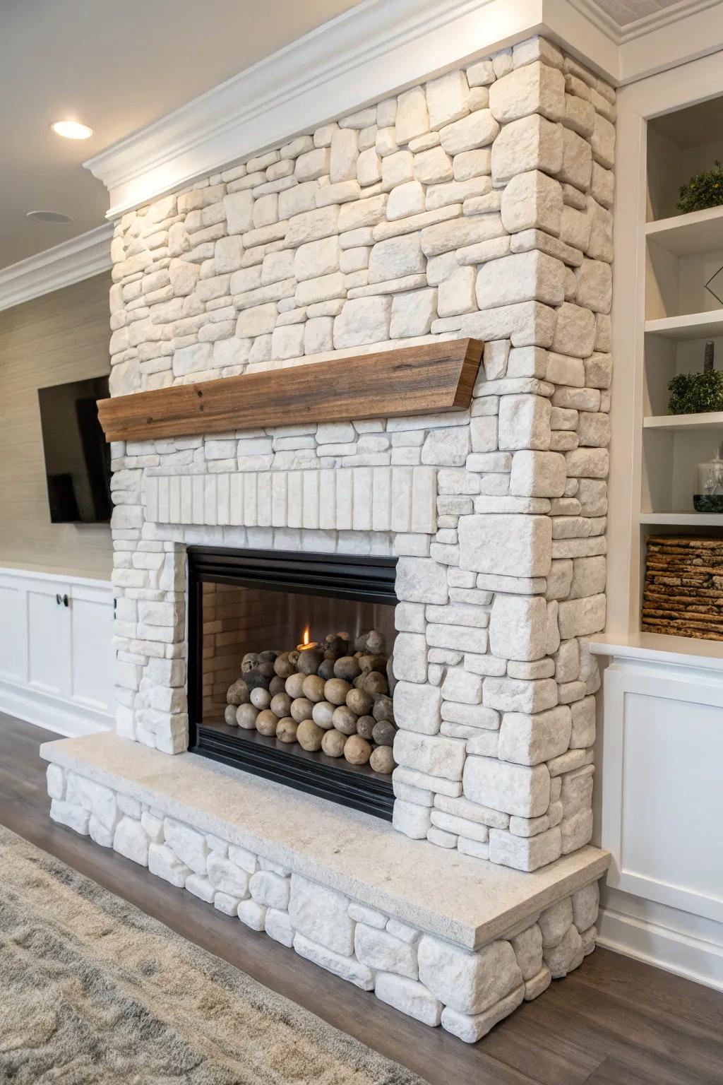 Mixed materials create a dynamic and captivating fireplace design.