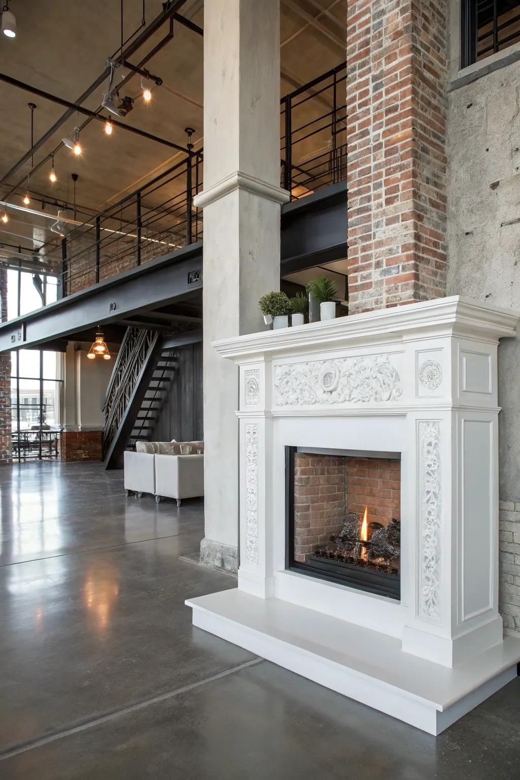 Industrial aspects inject a chic urban edge into a white firebox.