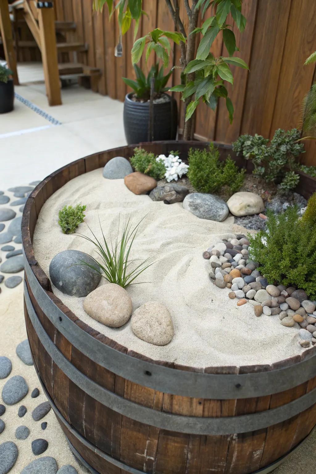 A peaceful Zen garden within a wine barrel.