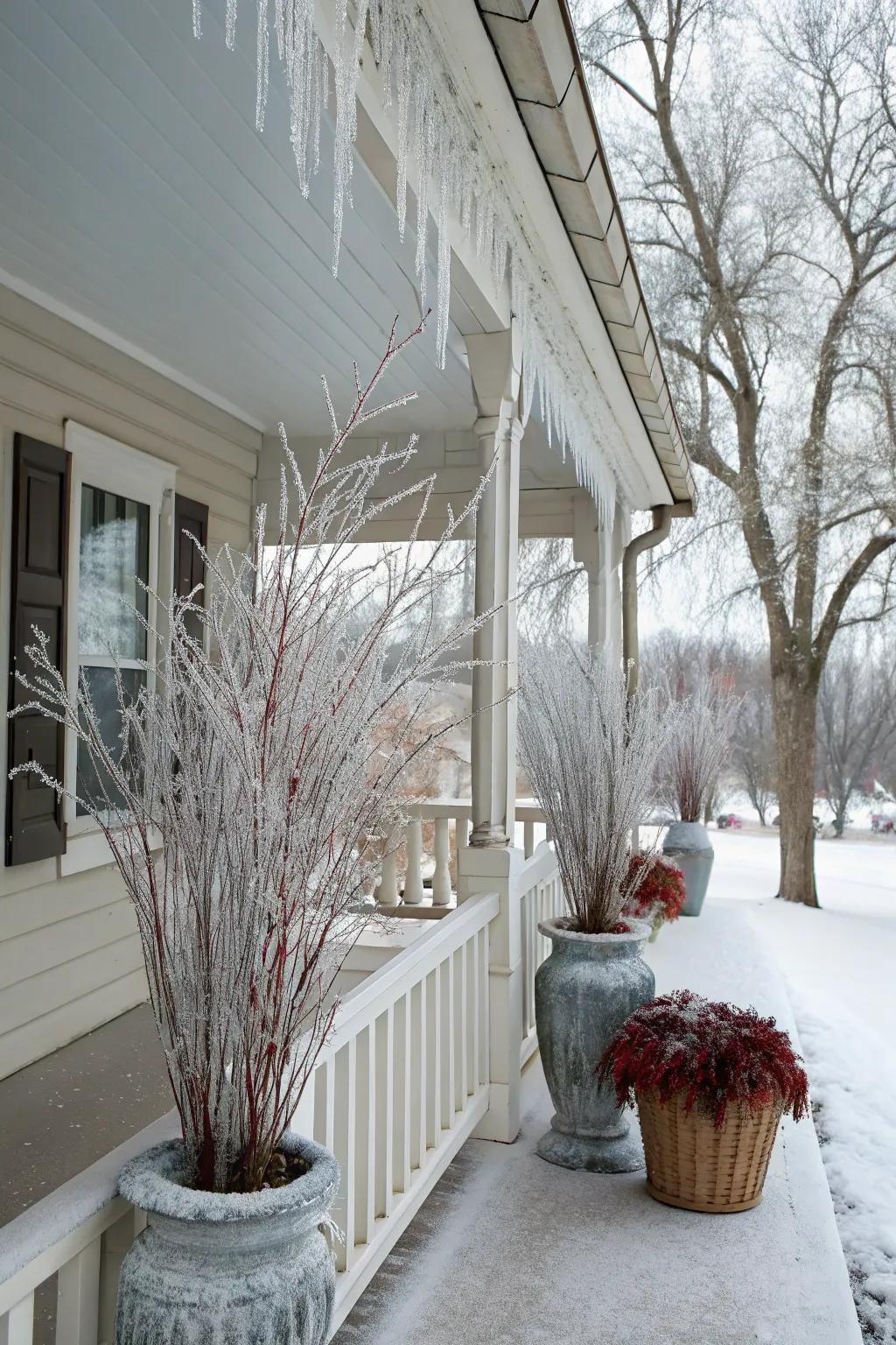Iced branches contribute a sparkling elegance to this winter porch.