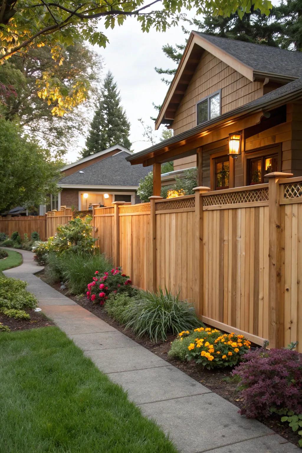 Cedar fences offer warmth and durability with a natural, inviting hue.