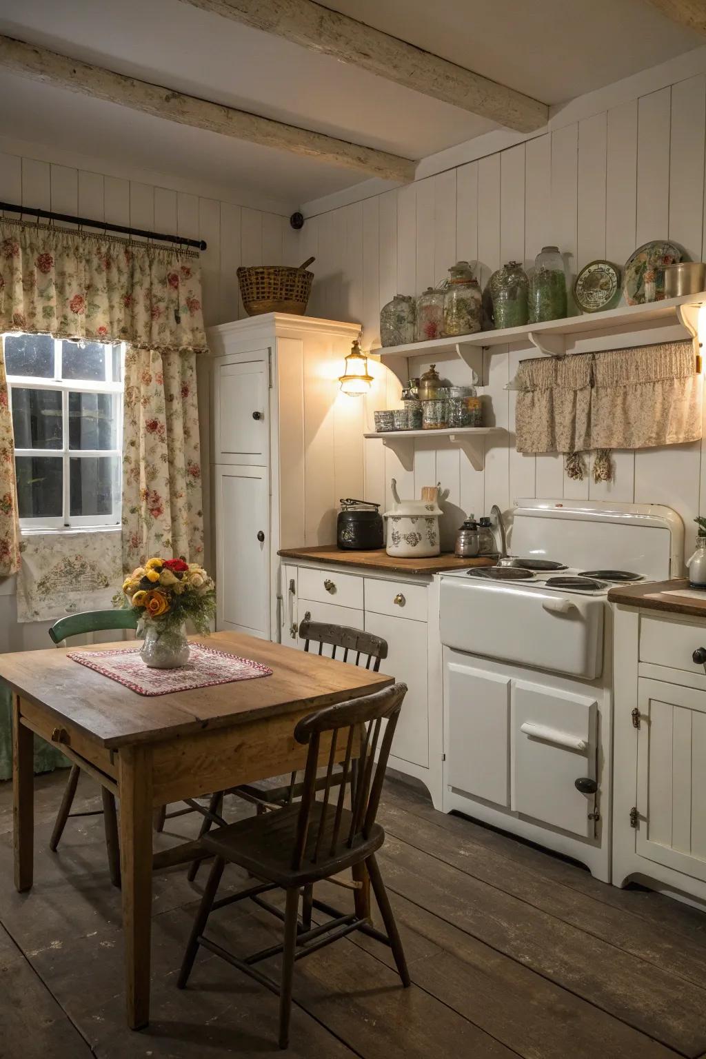 Whitewashed wood adds vintage charm and coziness.