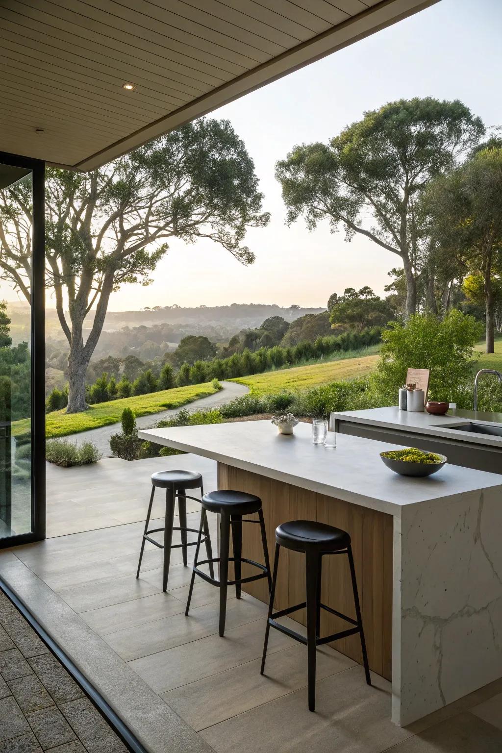 An island positioned to make the most of beautiful views enhances the kitchen experience.