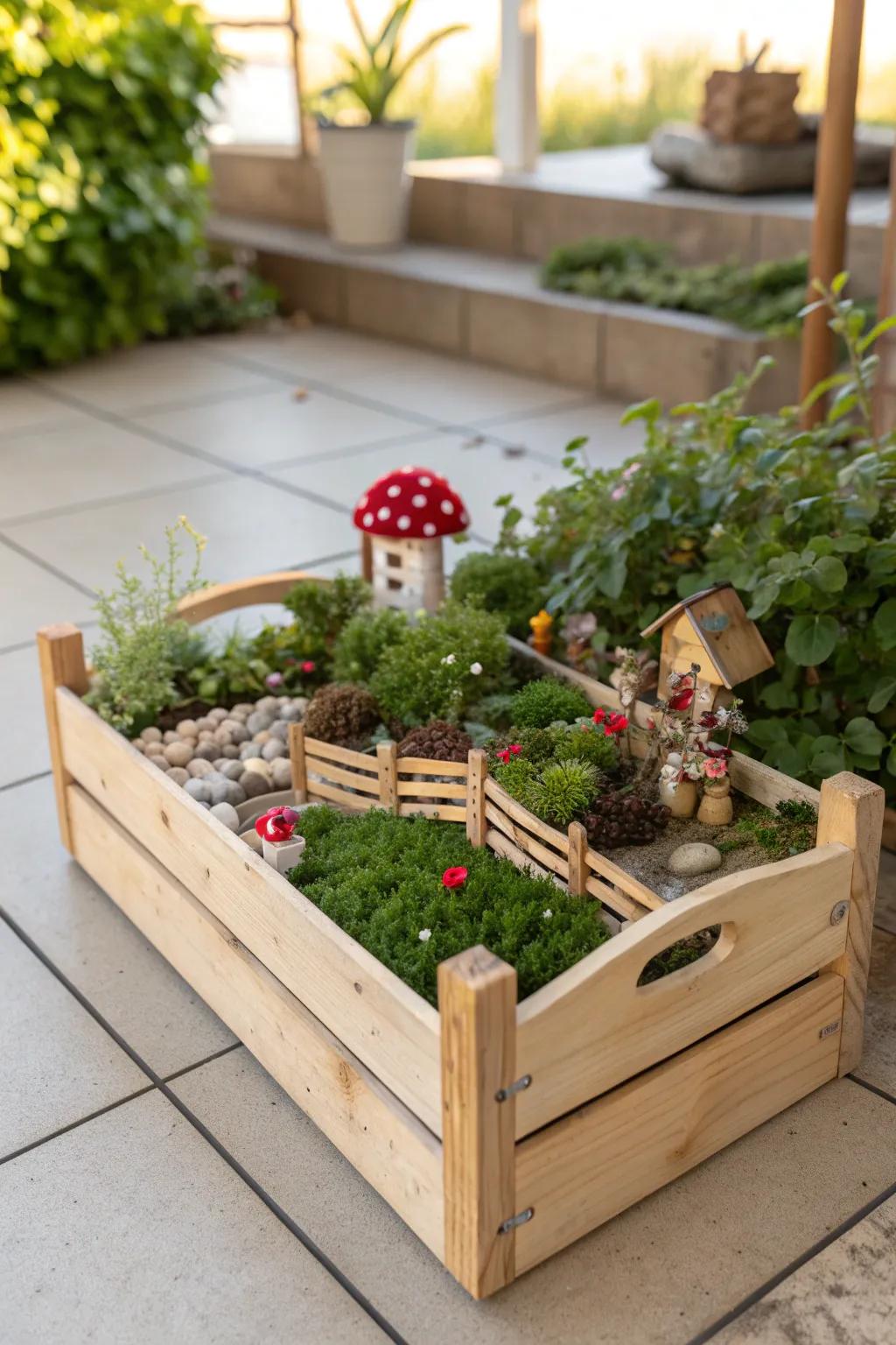 Transform your garden into a magical escape with a charming fairy garden crate.