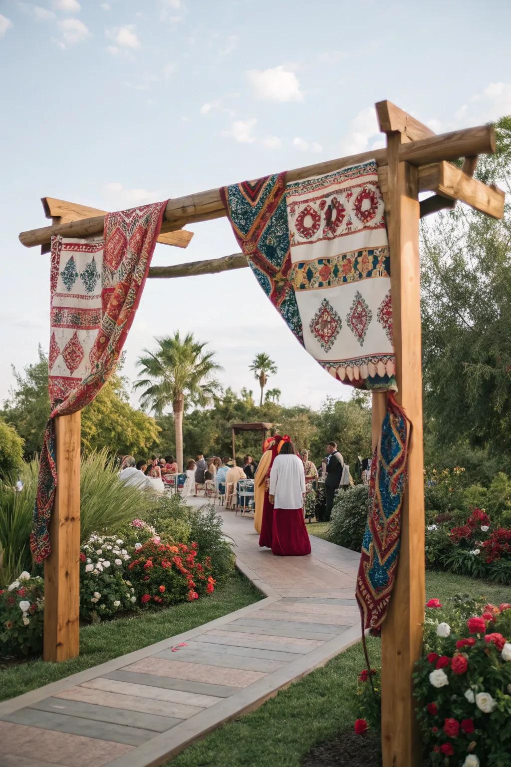 Cultural influences enrich the scene, adding personal depth to your wedding arch.