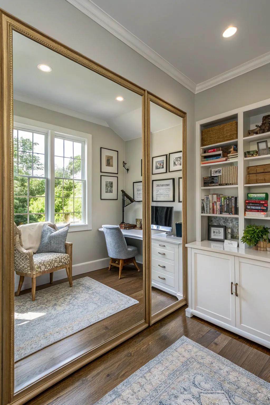 Mirrors enhance space and light in a home office setting.
