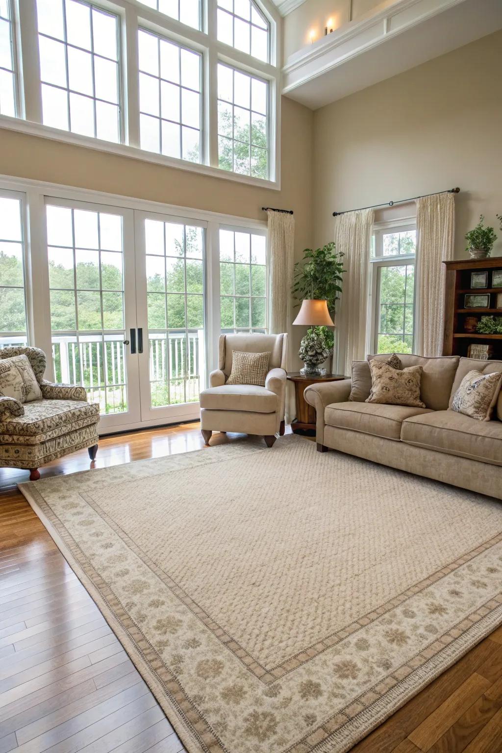 A neutral rug anchors the room while adding texture.
