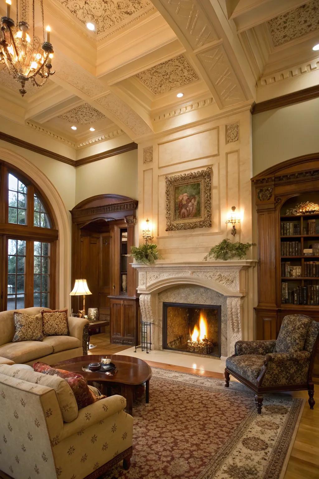 Unique designs add depth and elegance above the fireplace.