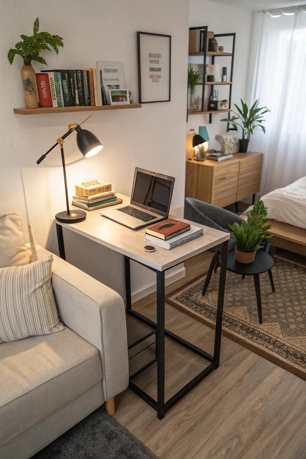 A compact workstation is a practical addition to a multifunctional space.
